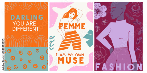 A triptych of stylized illustrations promoting female empowerment and fashion