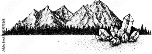 Serene mountain landscape with crystal cluster in halftone effect