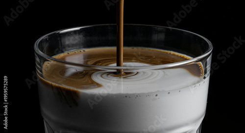 Wallpaper Mural close up view of brown coffee mixing with white milk in glass, panoramic shot Torontodigital.ca