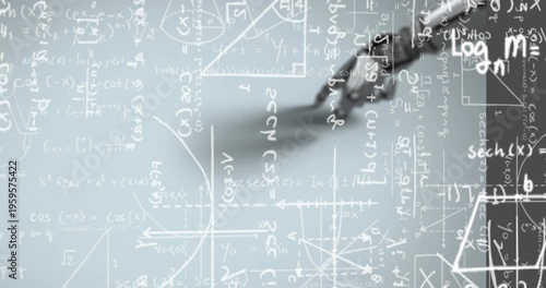 Animation of mathematical equations over robotic hand on white background