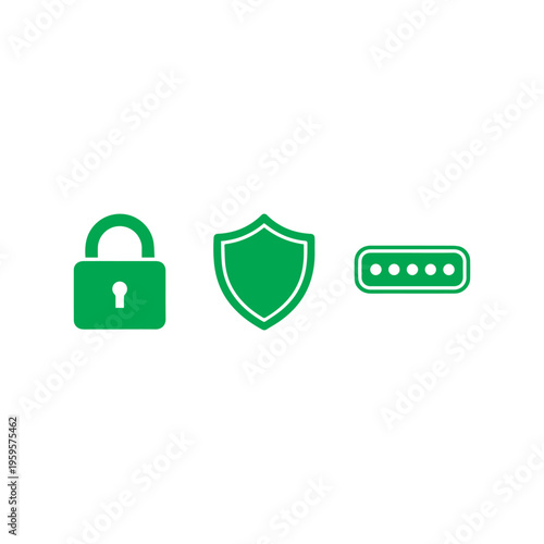 A bright green illustration presents three core security elements: a locked padlock, a protective crest, and a masked input box.