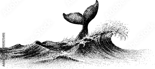Whale tail emerging from ocean wave in black and white stippling art