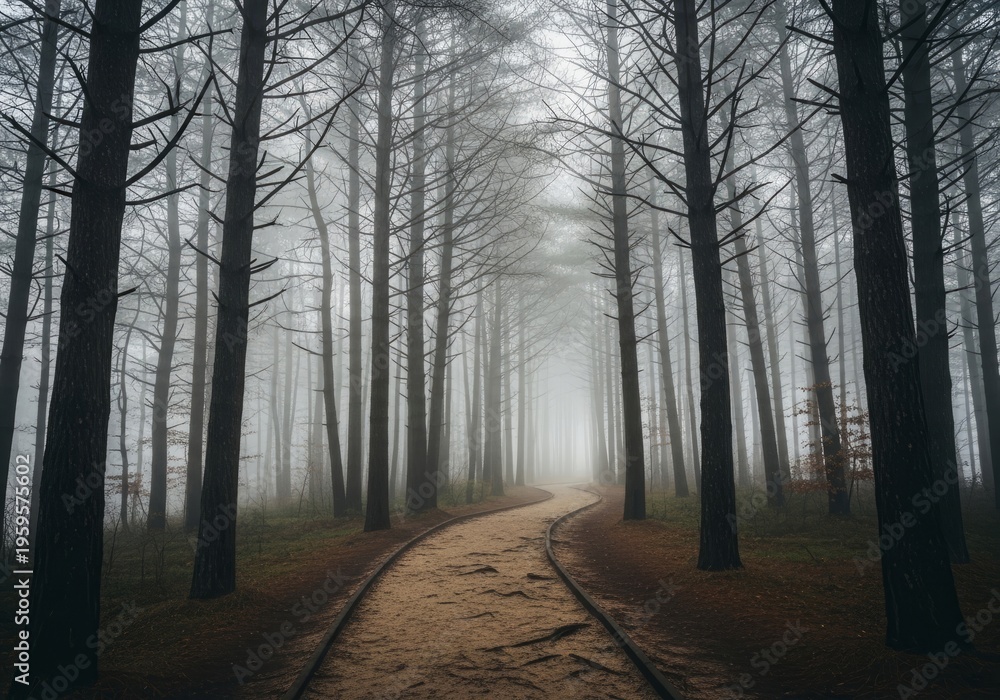 Fototapeta premium Foggy forest path with tall trees disappearing into mist