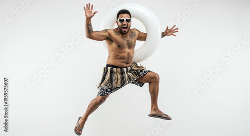 Wallpaper Mural Excited man in sunglasses, flip flops and swim ring jumping isolated on white Torontodigital.ca