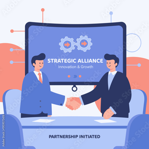 Two businessmen shaking hands in a modern office setting symbolizing a strategic alliance and partnership initiation for growth.