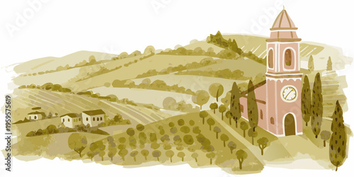 A picturesque tuscan landscape featuring a pink church and rolling hills