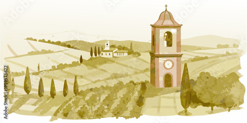 A picturesque tuscan landscape featuring a prominent church tower