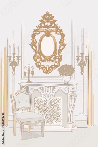 An ornate gilded mirror hangs above a detailed fireplace and chair