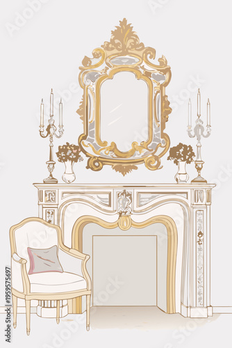 Ornate fireplace mantel with mirror candelabras and a decorative armchair