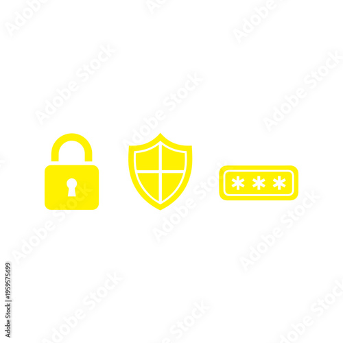 A yellow digital icon set displays a padlock, a security shield, and a password entry field against a white background.