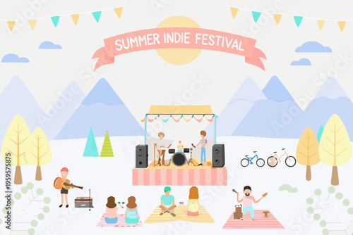 Summer indie festival illustration with music people and mountain scenery