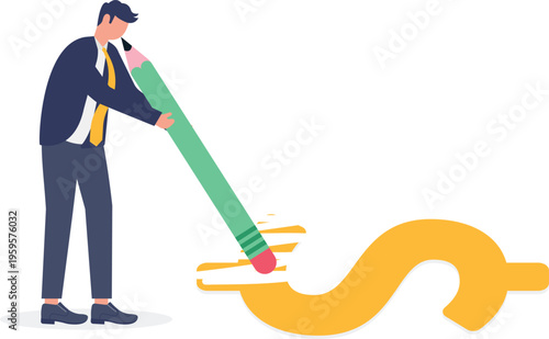 Professional erasing a giant gold dollar symbol with a pencil