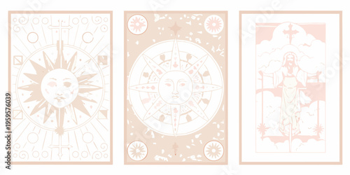 Three vintage tarot cards with sun wheel and figure illustrations