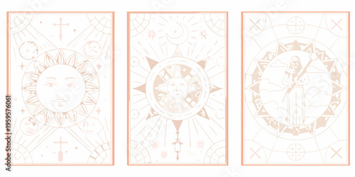 Three tarot style cards featuring celestial and symbolic imagery in peach tones