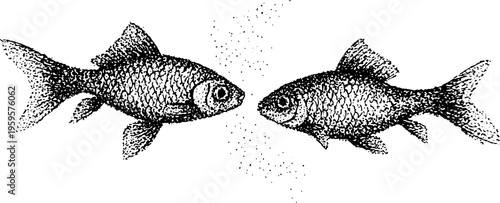 Zodiac pisces twin fish symbol in black and white stippling style for design projects