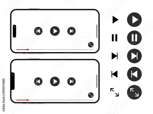 透過背景スマホ動画再生UI（プレイヤー操作アイコンセット素材）
