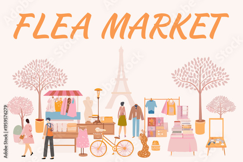 A colorful illustration depicts a bustling flea market scene with parisian elements