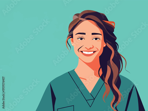 Smiling woman in green scrubs with long brown hair on a solid background