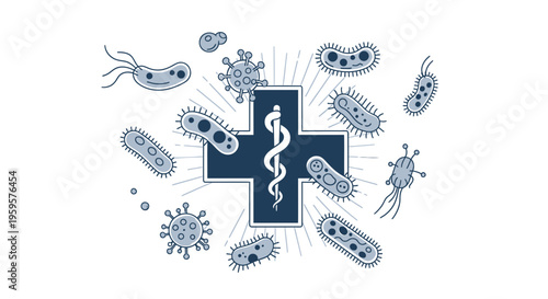 Medical Cross with Bacteria and Viruses, Microorganism Infection Concept