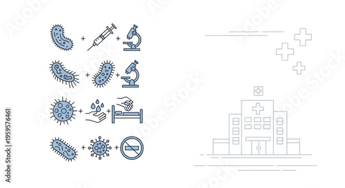 Medical Icons: Bacteria, Virus, Microscope, Syringe, Hand Washing, Hospital Building