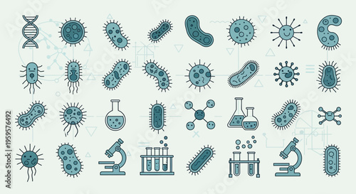 Microbiology Icons: Bacteria, Viruses, DNA, Microscope, Lab Equipment, Science