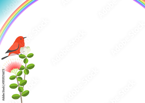 A background featuring the Hawaiian bird Apapane, Ohia Lehua flowers, and a rainbow in the sky