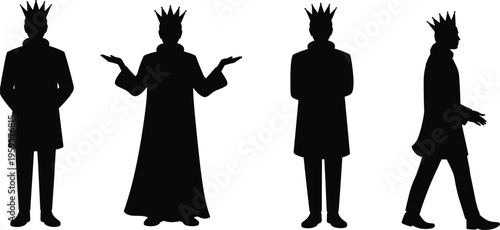 King silhouette illustration, four diverse royal icons of crowned figures in varied postures and attire, monarchy theme, vector art, black isolated bold design