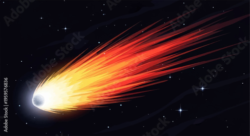 Meteorite streaks through starry night sky with vibrant orange and yellow flames leaving a trail of sparks and glowing brightly in space