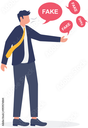 Businessman speaking out red speech bubbles with fake text