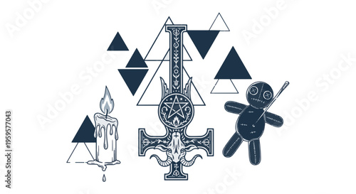 Occult Voodoo and Satanic Symbols Illustration Featuring Inverted Cross Pentagram and Voodoo Doll