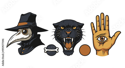 Plague Doctor Black Panther and All Seeing Eye Hand Vintage Style Illustration Set