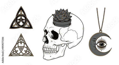 Symbolic Mystical Esoteric Occult Pagan Illustrations with Celtic Knots Skull Succulent and Moon Eye Pendant
