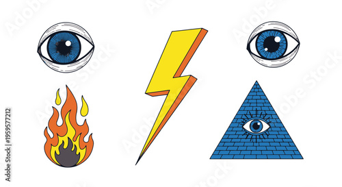 Symbolic Collection of Mystical Elements Including All Seeing Eye Pyramid Fire Lightning Bolt and Human Eyes