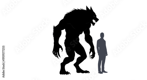 Werewolf Creature Size Comparison Next to Human Silhouette on White Background Illustration
