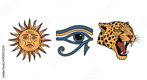 Traditional Tattoo Style Illustrations Featuring Sun Eye of Horus and Roaring Leopard Head