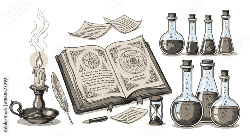 Alchemy and Magic Symbols with Vintage Objects and Old Science Laboratory Equipment