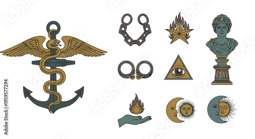 Alchemy Esoteric Symbolism Collection with Ancient Spiritual Mysterious Vintage Elements