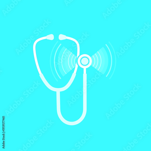 Digital health stethoscope icon with radiating sound waves. Modern medical technology for remote diagnosis and healthcare communication.