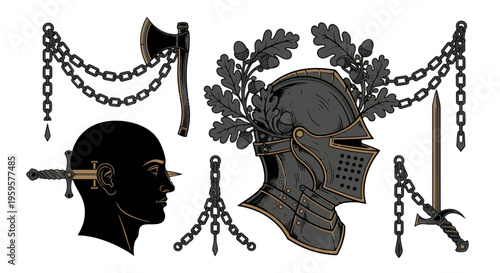 Illustration of a Knight Helmet with Oak Leaves Human Head with Sword Axe Chains and Ancient Sword