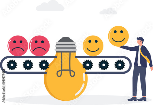 Professional placing happy face emoticons on a conveyor belt