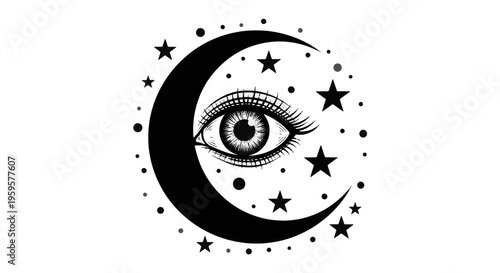 Mystical All Seeing Eye with Stars on Crescent Moon Astrological Design