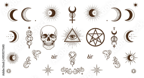 Mystical Celestial Spiritual Occult and Esoteric Symbols Vintage Illustration Set Featuring Skull Moon Sun and Pentagram