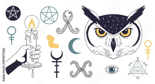 Mystical Esoteric Symbols Collection Featuring an Owl Candle Pentagram Moon and Eye in Flat Line Art Style