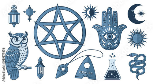 Mystical Esoteric Symbols Collection with Pentagram Owl Hamsa Hand and Celestial Elements