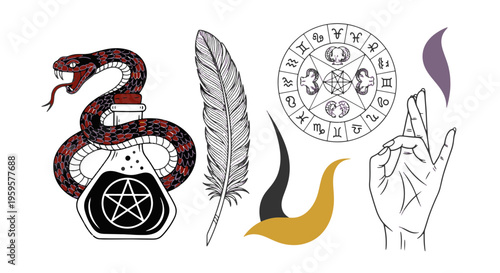 Mystical Esoteric Symbols Vector Illustration Featuring Snake Pentagram Zodiac Wheel Feather
