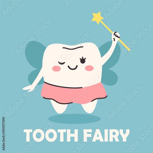 Cute tooth fairy. Kawaii character for child stomatology. Tooth fairy wearing wings and holding a star magic wand. Vector Illustration