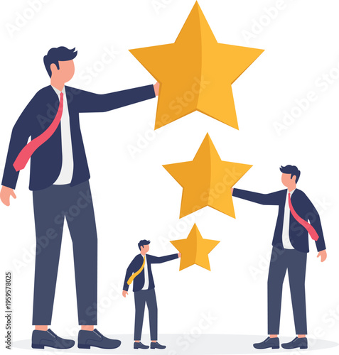 Giant businessman showing gold stars to a tiny employee for work