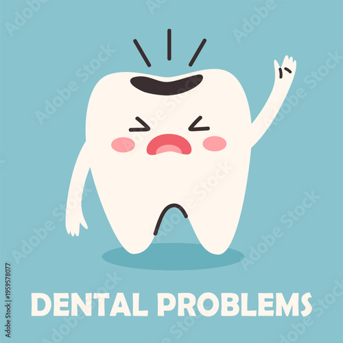 Sick decayed tooth. Broken teeth and cavities. Illustration for Children. Dental and Dentistry Concept.