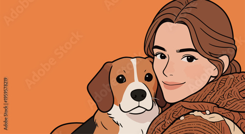 Woman with dog on orange background wearing a sweater and smiling while holding her pet close to her