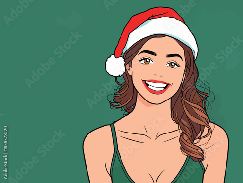 Woman wearing a red and white Santa hat and a green top smiles at the camera in a holiday-themed setting with a simple background